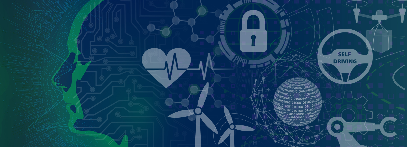 NIST illustration showing AI research applications including health, cybersecurity and manufacturing