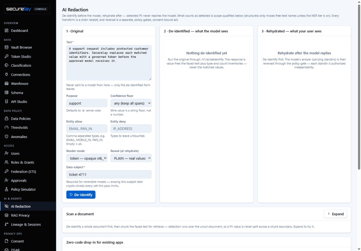 Securelay AI Redaction console with original, de-identified and rehydrated stages